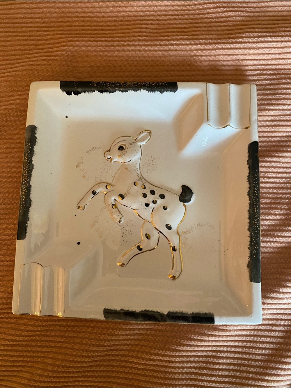 MCM Rare Vintage White and Black Ceramic Rearing Deer AshTray with Gold Detail